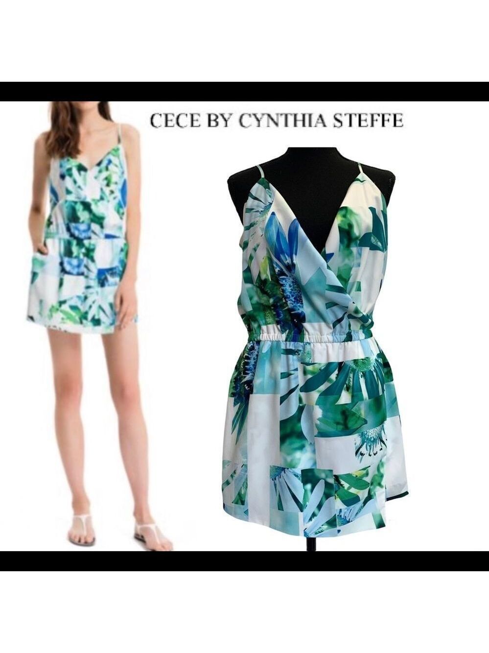 Cece by Cynthia Steffe tropical floral wrap romper blue green Sz 8 NWOT